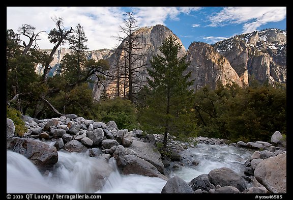Creek flowing towards Valley and Cathedral Rocks. Yosemite National Park, California, USA.