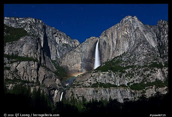 Upper and lower Yosemite Falls by moonlight. Yosemite National Park (color)