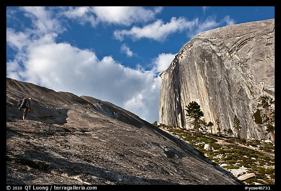 Hiker approaching Diving Board. Yosemite National Park, California, USA.