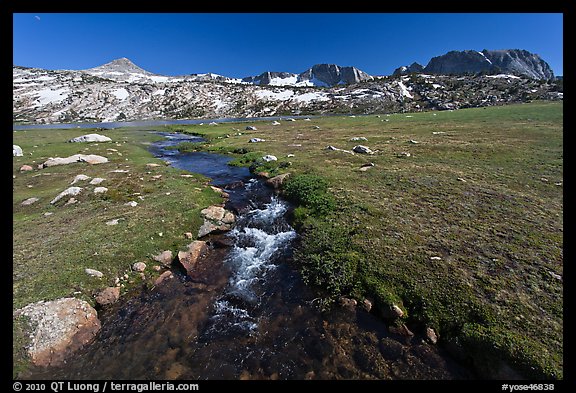 Meadow, stream, and Evelyn Lake. Yosemite National Park, California, USA.