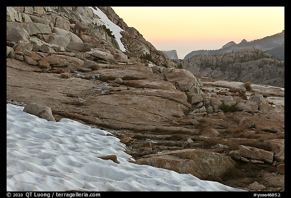 Neve at the base of Vogelsang peak at sunset. Yosemite National Park, California, USA.