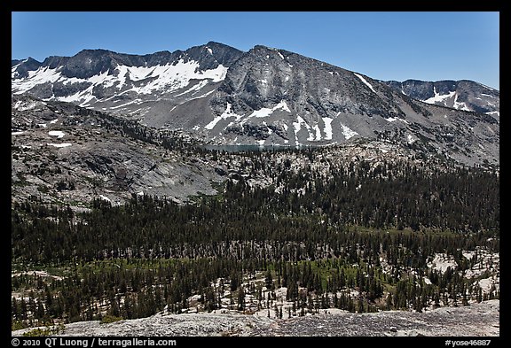 High Sierra view from Vogelsang Pass above Lewis Creek with Bernice Lake. Yosemite National Park, California, USA.