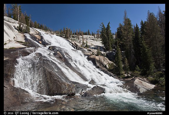 Stream flowing over steep smooth granite, Lewis Creek. Yosemite National Park (color)