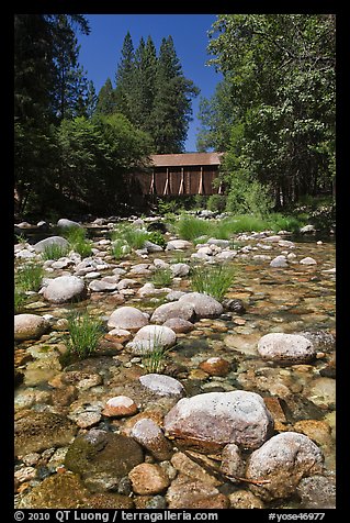 Pebbles in river and covered bridge, Wawona. Yosemite National Park (color)