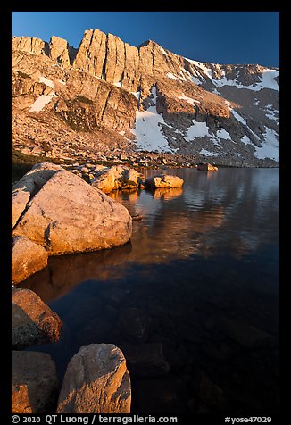 North Peak, Boulders and Upper McCabe Lake, sunset. Yosemite National Park, California, USA.