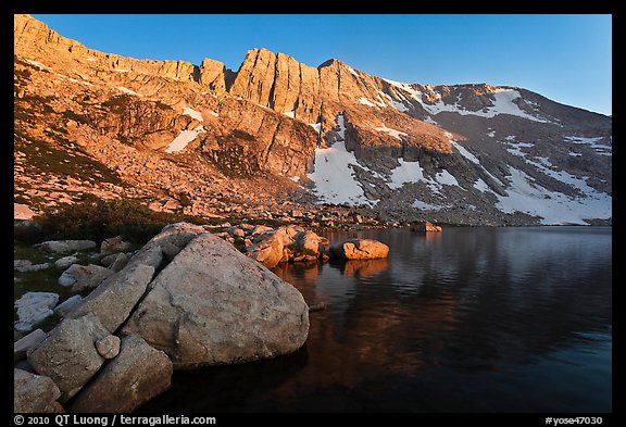 Shore of Upper McCabe Lake with North Peak at sunset. Yosemite National Park (color)