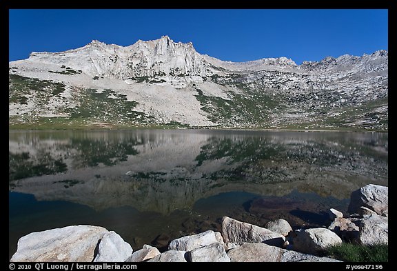 Rugged mountain reflected in Sierra Lake. Yosemite National Park, California, USA.