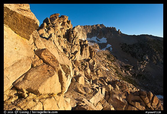 Rocky slopes and Mount Conness, sunrise. Yosemite National Park, California, USA.