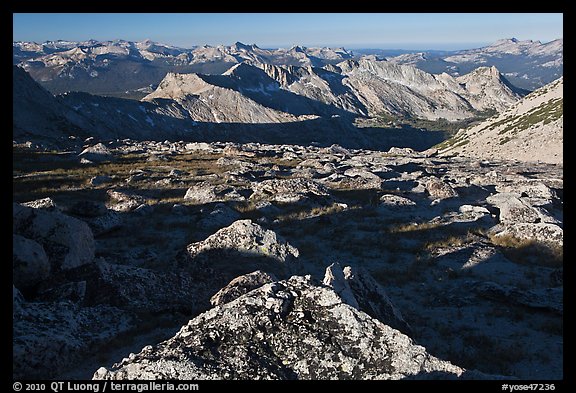 Domes and mountains from rocky plateau, Mount Conness. Yosemite National Park (color)