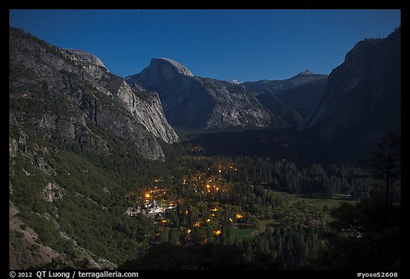 Yosemite Village lights and Half-Dome by moonlight. Yosemite National Park (color)