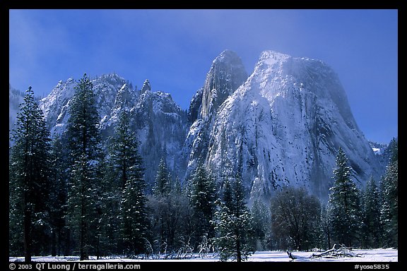 Cathedral rocks after a snow storm, morning. Yosemite National Park, California, USA.
