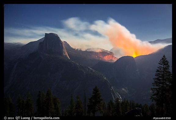 Half-Dome and wildfire at night. Yosemite National Park (color)