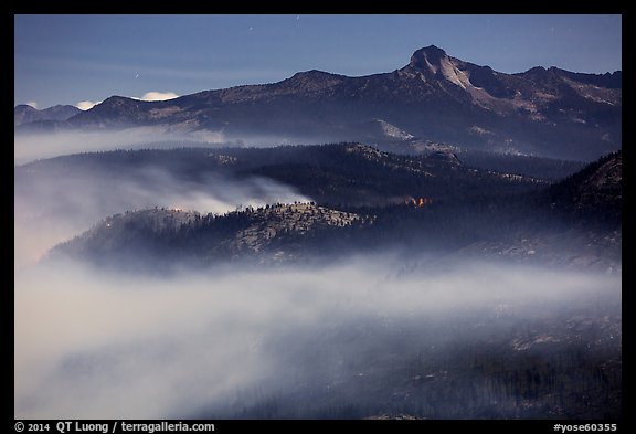 Smoke from fire at night below Clark Range. Yosemite National Park (color)