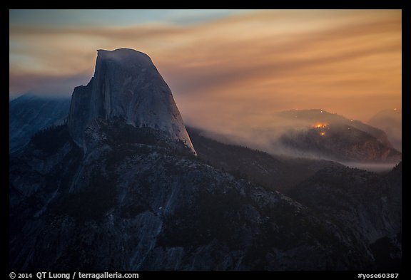 Half-Dome, forest fire, and smoke. Yosemite National Park, California, USA.