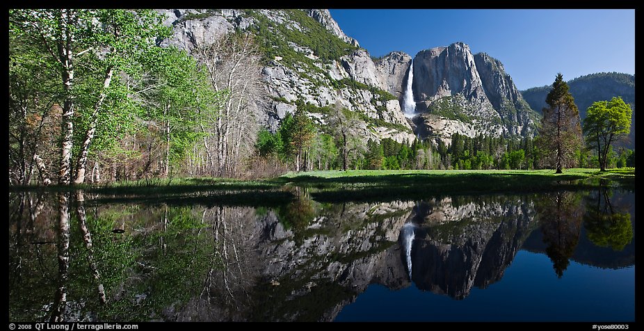Yosemite Falls reflected in run-off pond. Yosemite National Park, California, USA.