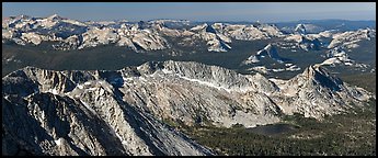 Ragged Peak range, Cathedral Range, and domes from Mount Conness. Yosemite National Park (Panoramic color)