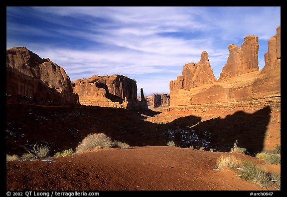 South park avenue, an open canyon flanked by sandstone skycrapers. Arches National Park (color)