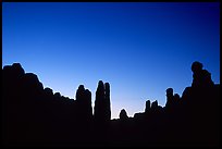 Sandstone pillars in Klondike Bluffs seen as silhouettes at dusk. Arches National Park, Utah, USA. (color)