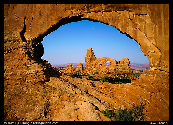 Turret Arch seen from rock opening. Arches National Park, Utah, USA.