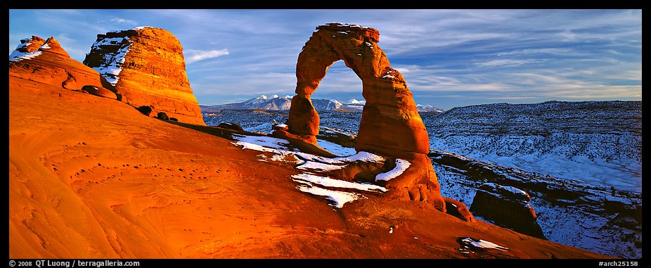 Red sandstone of Delicate Arch and blue shades of snow. Arches National Park (color)
