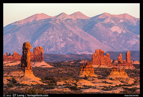 Sandstone pillars and La Sal Mountains. Arches National Park, Utah, USA.