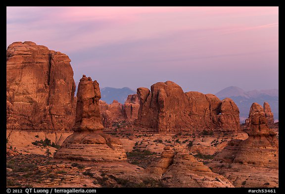 Entrada Sandstone towers seen from Garden of Eden at sunset. Arches National Park, Utah, USA.