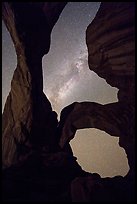 Milky Way appearing above Double Arch. Arches National Park, Utah, USA. (color)