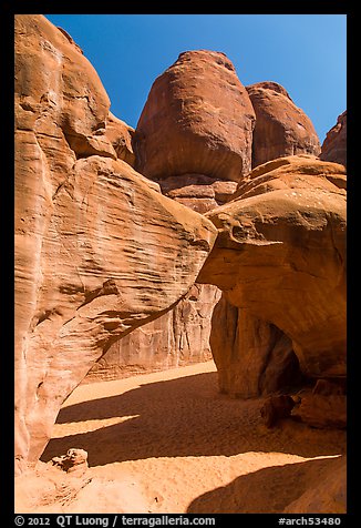 Sand floor, Sand Dune Arch, and towers. Arches National Park, Utah, USA.