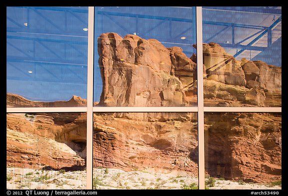 Sandstone walls, Visitor Center window reflexion. Arches National Park, Utah, USA.