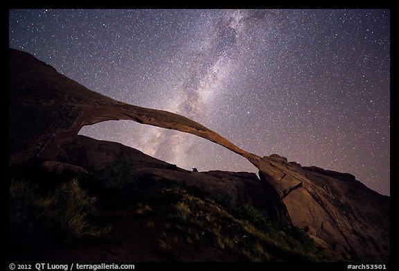 Landscape Arch bissected by Milky Way. Arches National Park, Utah, USA.