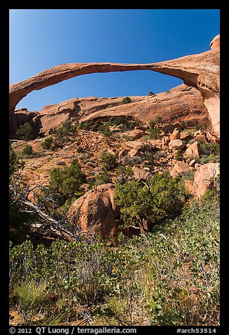 Landscape Arch with fallen boulders. Arches National Park, Utah, USA.