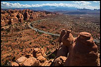 Scenic road seen from top of fin. Arches National Park, Utah, USA. (color)