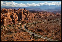 Scenic road and Fiery Furnace fins. Arches National Park, Utah, USA. (color)