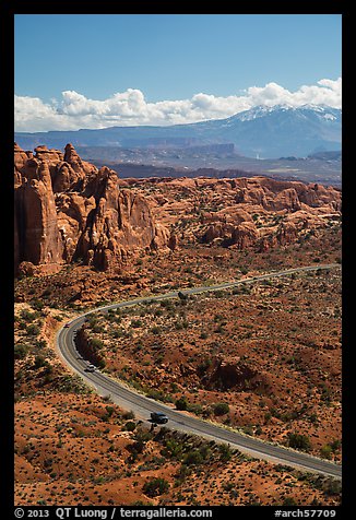 Scenic road, Fiery Furnace, and La Sal mountains. Arches National Park, Utah, USA.