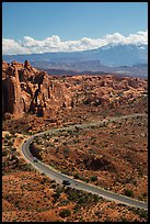 Scenic road, Fiery Furnace, and La Sal mountains. Arches National Park, Utah, USA. (color)
