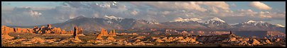 Windows, fins, and La Sal Mountains. Arches National Park (Panoramic color)