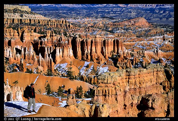 Hiker with panoramic view on Navajo Trail. Bryce Canyon National Park (color)