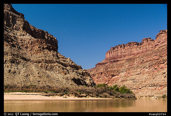 Cliffs towering above Confluence of Green and Colorado Rivers. Canyonlands National Park (color)