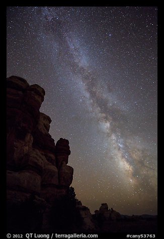 Doll House pinnacles and Milky Way. Canyonlands National Park, Utah, USA.