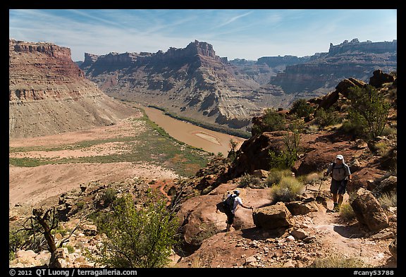 Hikers on steep trail to Dollhouse from Spanish Bottom. Canyonlands National Park (color)