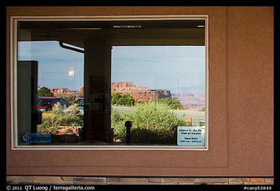Canyons, Island in the Sky Visitor Center window reflexion. Canyonlands National Park (color)