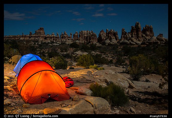 Tents at night in the Dollhouse. Canyonlands National Park, Utah, USA.