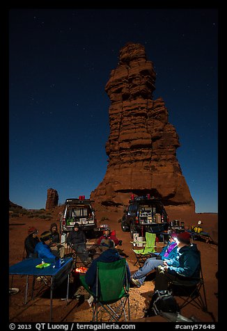 Car-camping at the base of Standing Rock at night. Canyonlands National Park, Utah, USA.