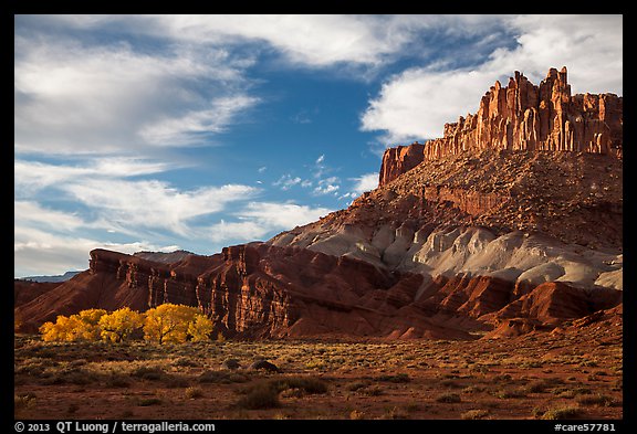 Late afternoon light on Castle and cottowoods in autumn. Capitol Reef National Park, Utah, USA.