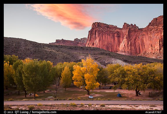 Fruita Campground and cliffs at sunset. Capitol Reef National Park (color)