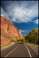 Road, Fruita Orchard in the fall. Capitol Reef National Park, Utah, USA. (color)