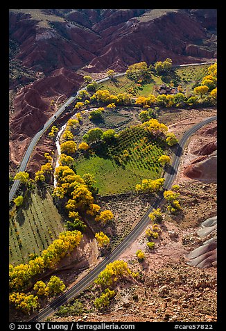 Fruita orchards in the fall, seen from above. Capitol Reef National Park, Utah, USA.