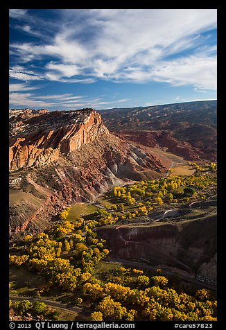 Waterpocket Fold  and orchards in the fall from Rim Overlook. Capitol Reef National Park (color)