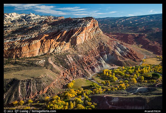 Waterpocket Fold cliffs and orchards from Rim Overlook in the fall. Capitol Reef National Park, Utah, USA.