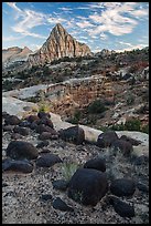 Balsalt boulders and Pectol Pyramid. Capitol Reef National Park, Utah, USA. (color)